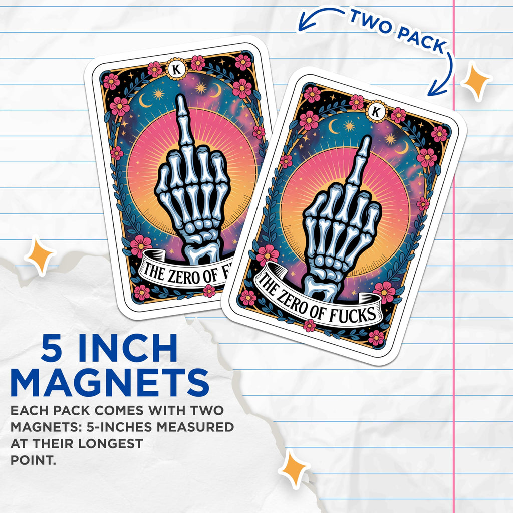 (2 Pack) Skeleton Middle Finger Magnets - Zero Fucks Tarot Card Art - Sarcastic Edgy Rebellious Decor - 5 Inches On Longest Side - Thick Durable Magnet - Made in USA - MAG22229