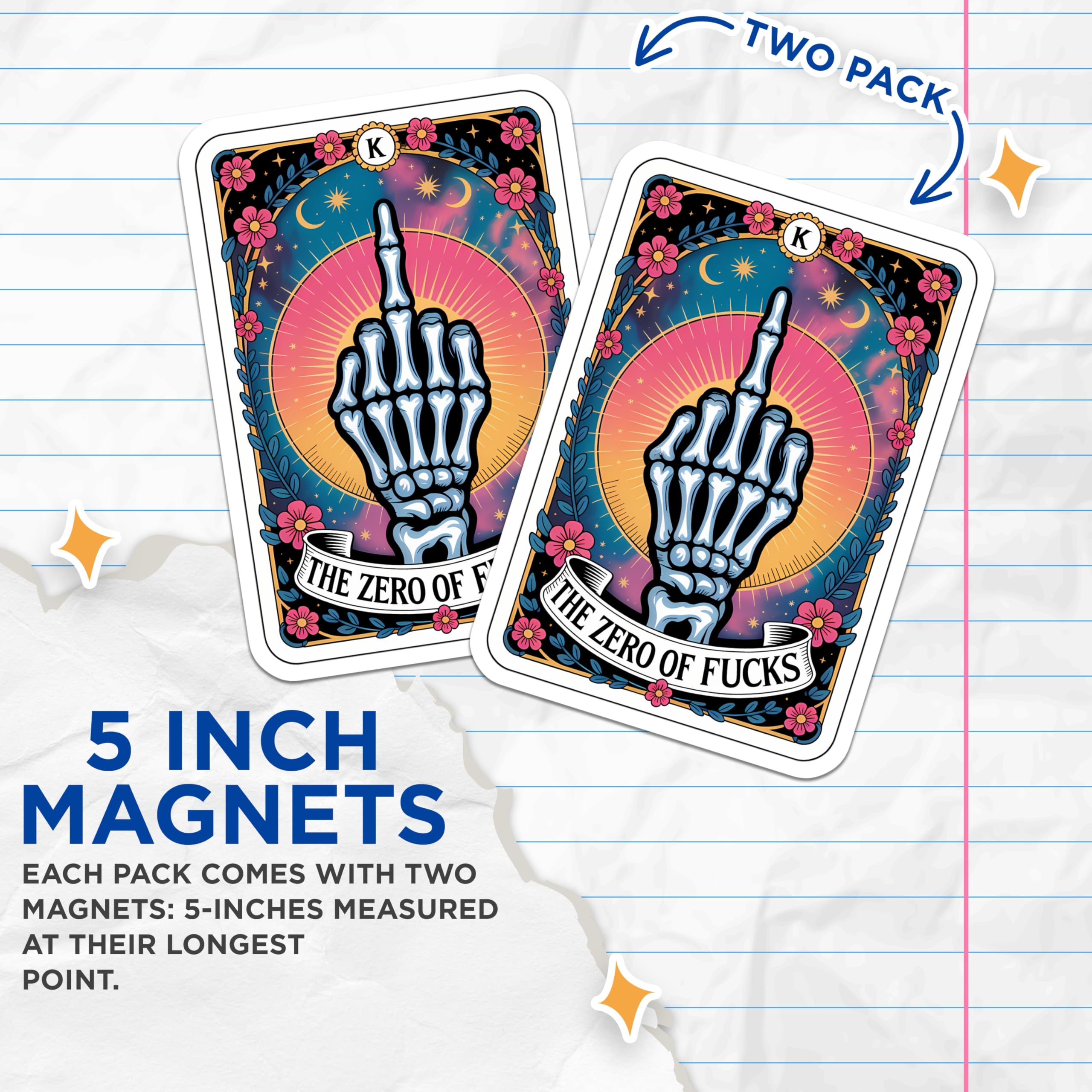 (2 Pack) Skeleton Middle Finger Magnets - Zero Fucks Tarot Card Art - Sarcastic Edgy Rebellious Decor - 5 Inches On Longest Side - Thick Durable Magnet - Made in USA - MAG22229