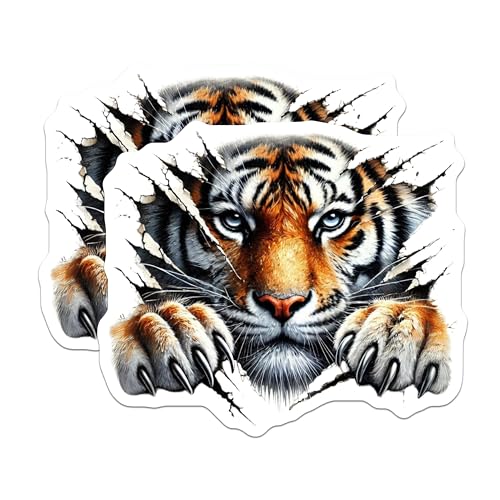 (2 Pack) Fierce Tiger Stickers - Animal Art - Wildlife Decal - 5" On Longest Side - Sticks to Smooth Flat Surfaces - Made in USA - BMCS6264