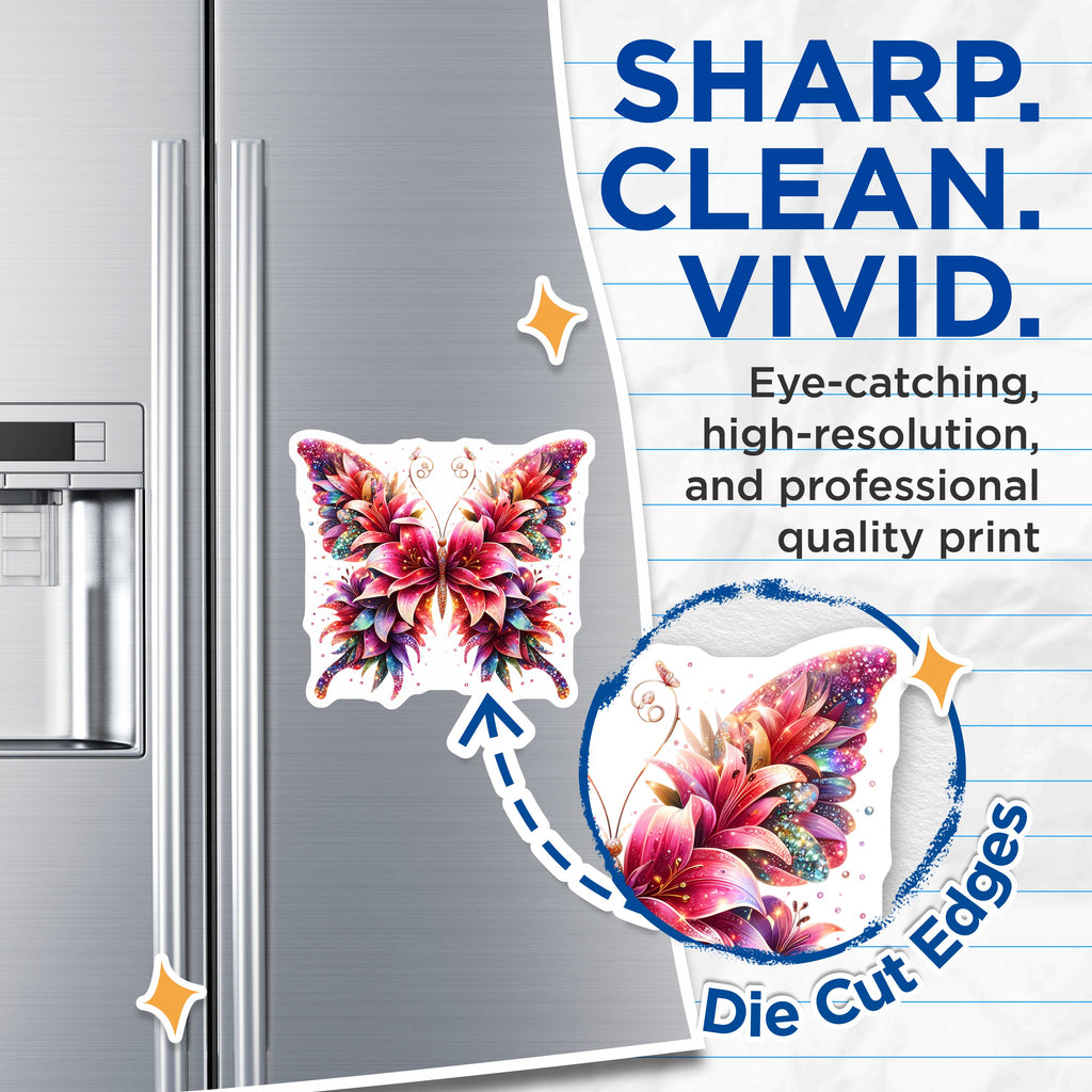 (2 Pack) Whimsical Butterfly Magnets - Sparkling Flower Art - Enchanted Garden Decor - 5 Inches On Longest Side - Thick Durable Magnet - Made in USA - MAG39777