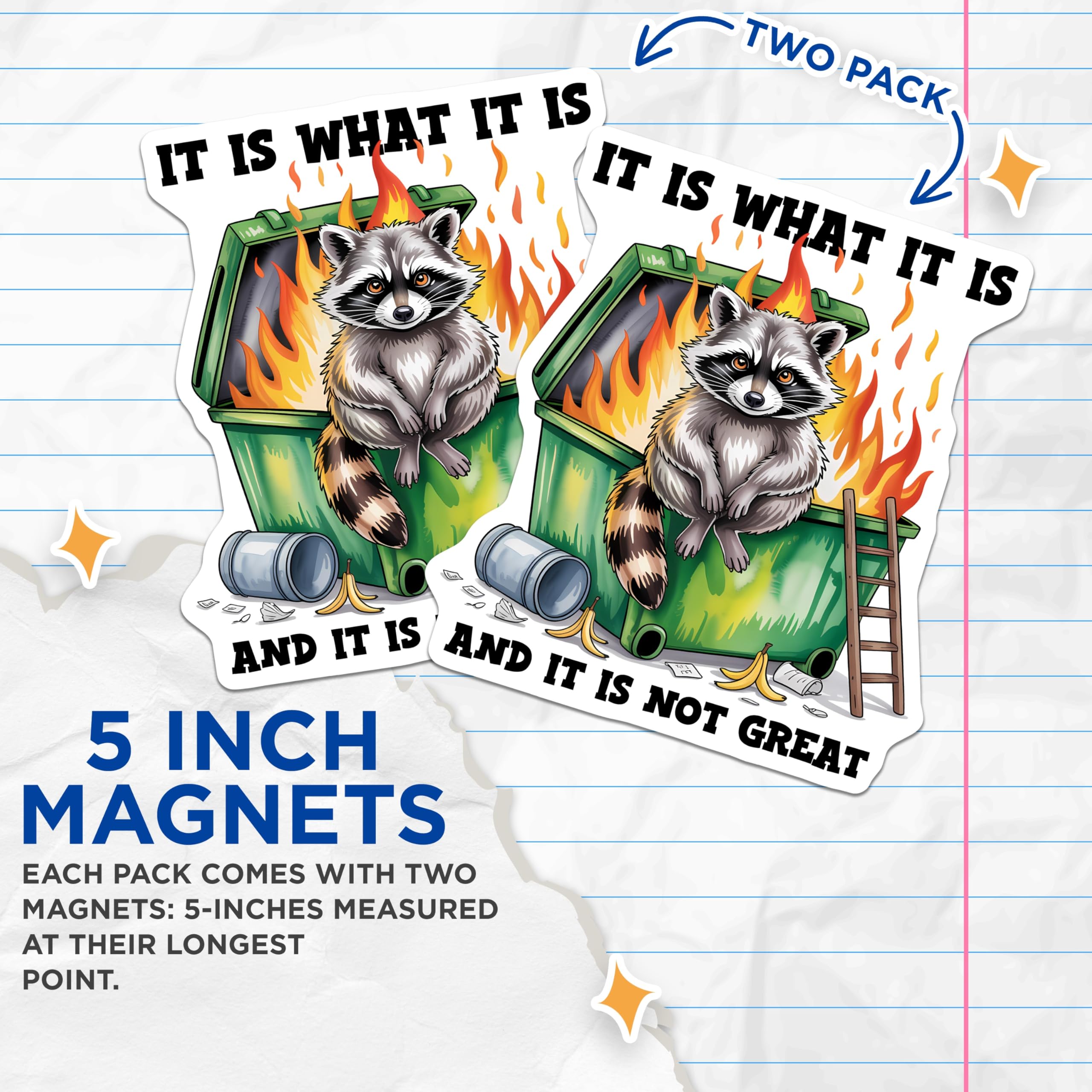 (2 Pack) It is What It is Magnets - Raccoon Dumpster Fire - Funny Meme Magnets - 5" On Longest Side - Premium Magnet - for Cars, Refrigerators, Toolboxes, Lockers - Made in USA - MAG16244