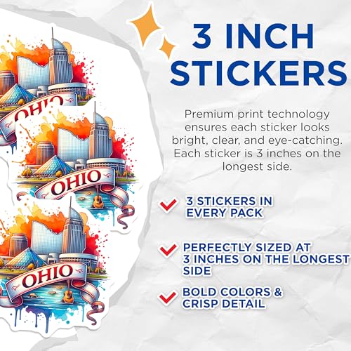 (3 Pack) Ohio Decals - State Pride - Laptop Stickers- 3 Inches On Longest Side - Easy Peel & Apply - Made in USA - 3MCS5213