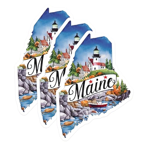 (3 Pack) Maine Decals - Watercolor State Art - Laptop Decal - State Pride- 3 Inches On Longest Side - Easy Peel & Apply - Made in USA - 3MCS5034