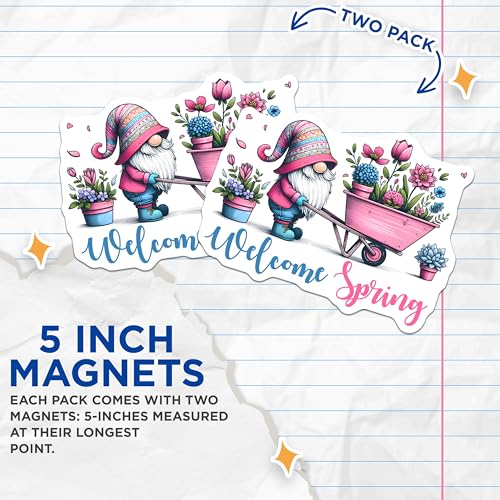 (2 Pack) Welcome Spring Magnets - Gnome Decor - Seasonal Home Decoration - 5" On Longest Side - for Cars, Fridges, Toolboxes - Made in USA - MAG7998