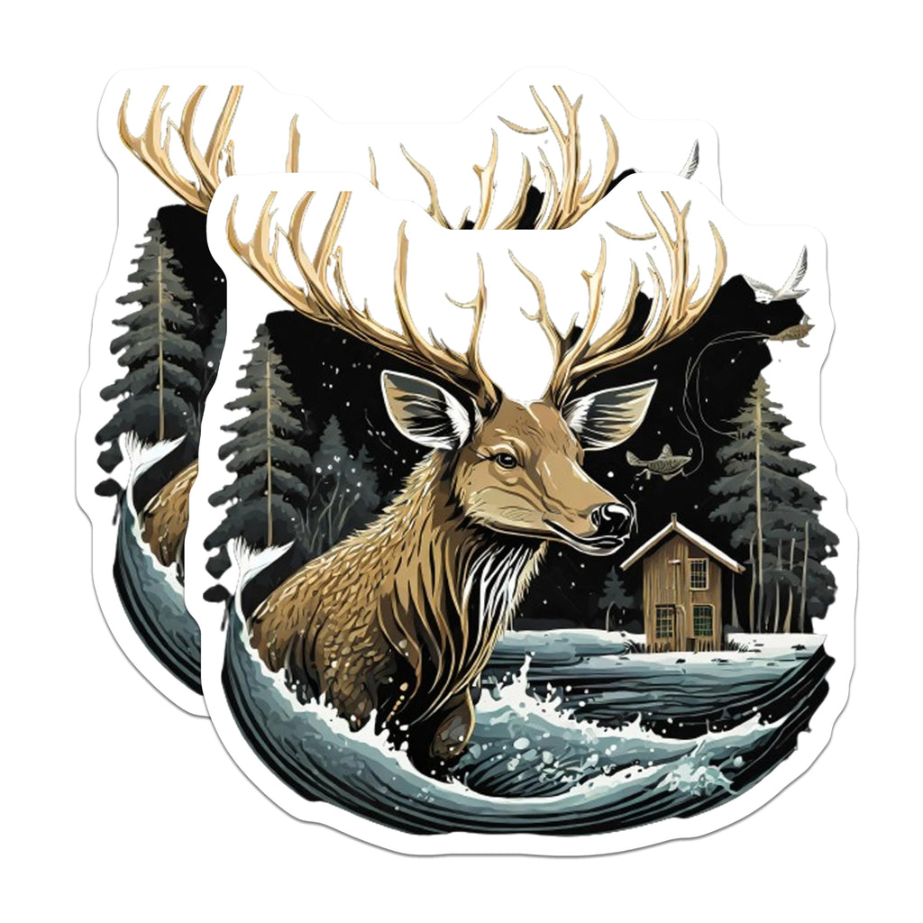 (2 Pack) Majestic Deer Magnets - Enchanting Snowy Winter Forest Landscape - Rustic Cabin Lakeside Woodland Lodge Decor - 5 Inches On Longest Side - Thick Durable Magnet - Made in USA - MAG22850