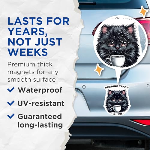(2 Pack) Reading Trash is Fine Magnets - Black Cat Holding Coffee - Funny Quote Magnets - 5" On Longest Side - for Cars, Fridges, Toolboxes - Made in USA - MAG4596