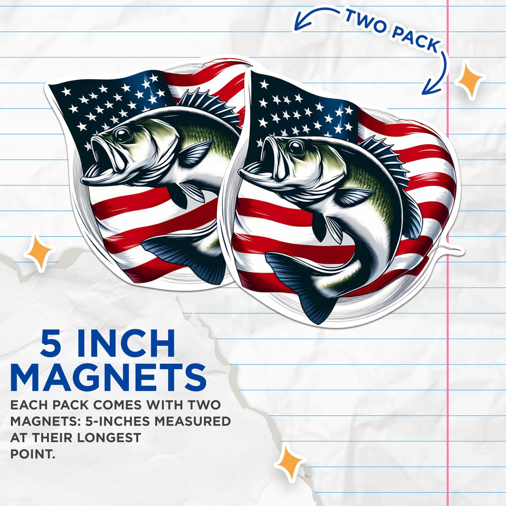 (2 Pack) USA Flag Bass Magnets - American Patriotic Fisherman - Fishing Enthusiast - 5 Inches On Longest Side - Premium Magnet - for Cars, Refrigerators, Toolboxes - Made in USA - MAG2213