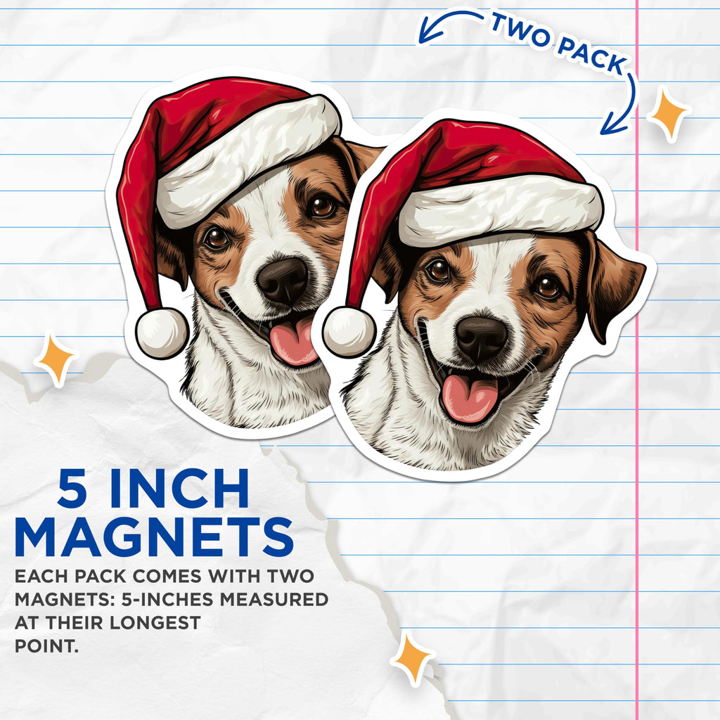 (2 Pack) Christmas Dog Magnets - Jack Russell Santa Hat Holiday Pet Decor - Festive Refrigerator Animal Lover Magnets - 5 Inches On Longest Side - Thick Durable Magnet - Made in USA - MAG27767
