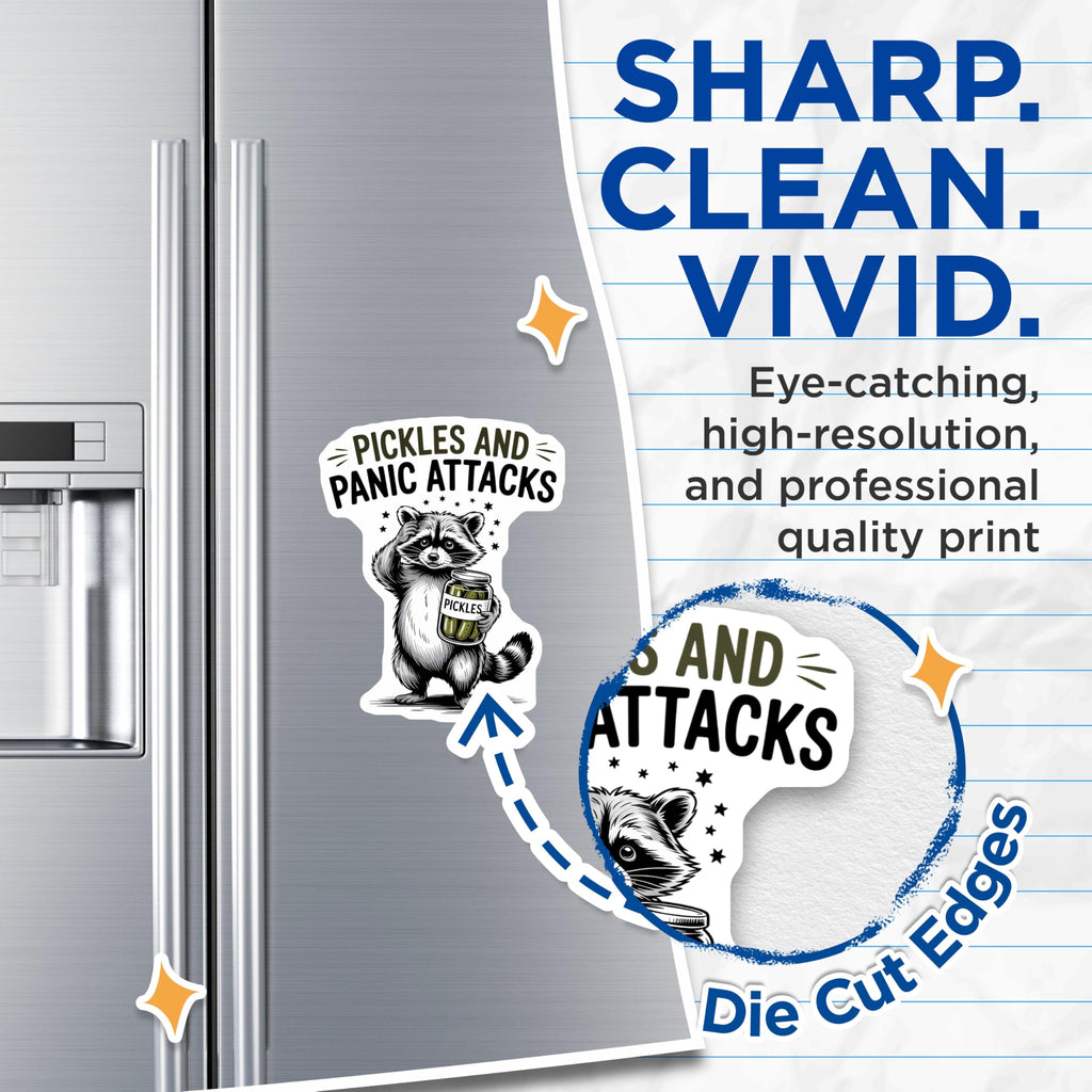 (2 Pack) Raccoon Holding Pickles Funny Phrase Magnets - Pickles and Panic Attacks Humor - Anxious Animal Kitchen Decor - 5 Inches On Longest Side - Thick Durable Magnet - Made in USA - MAG20384