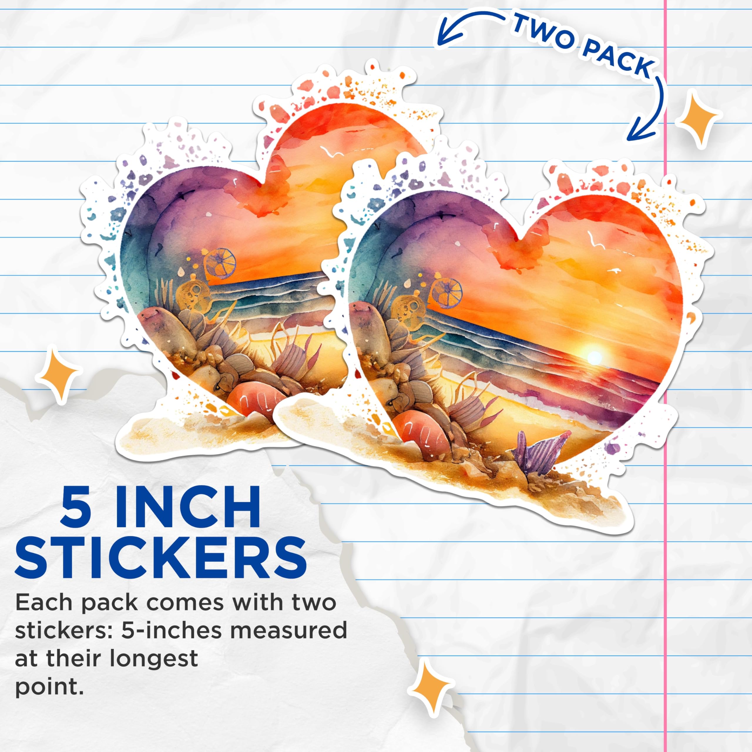 (2 Pack) Heart Sunset Beach Stickers - Scenic Ocean View Stickers - Nature Lover Stickers - 5" On Longest Side - Sticks to Any Smooth Flat Surface - Made in USA - BMCS2853