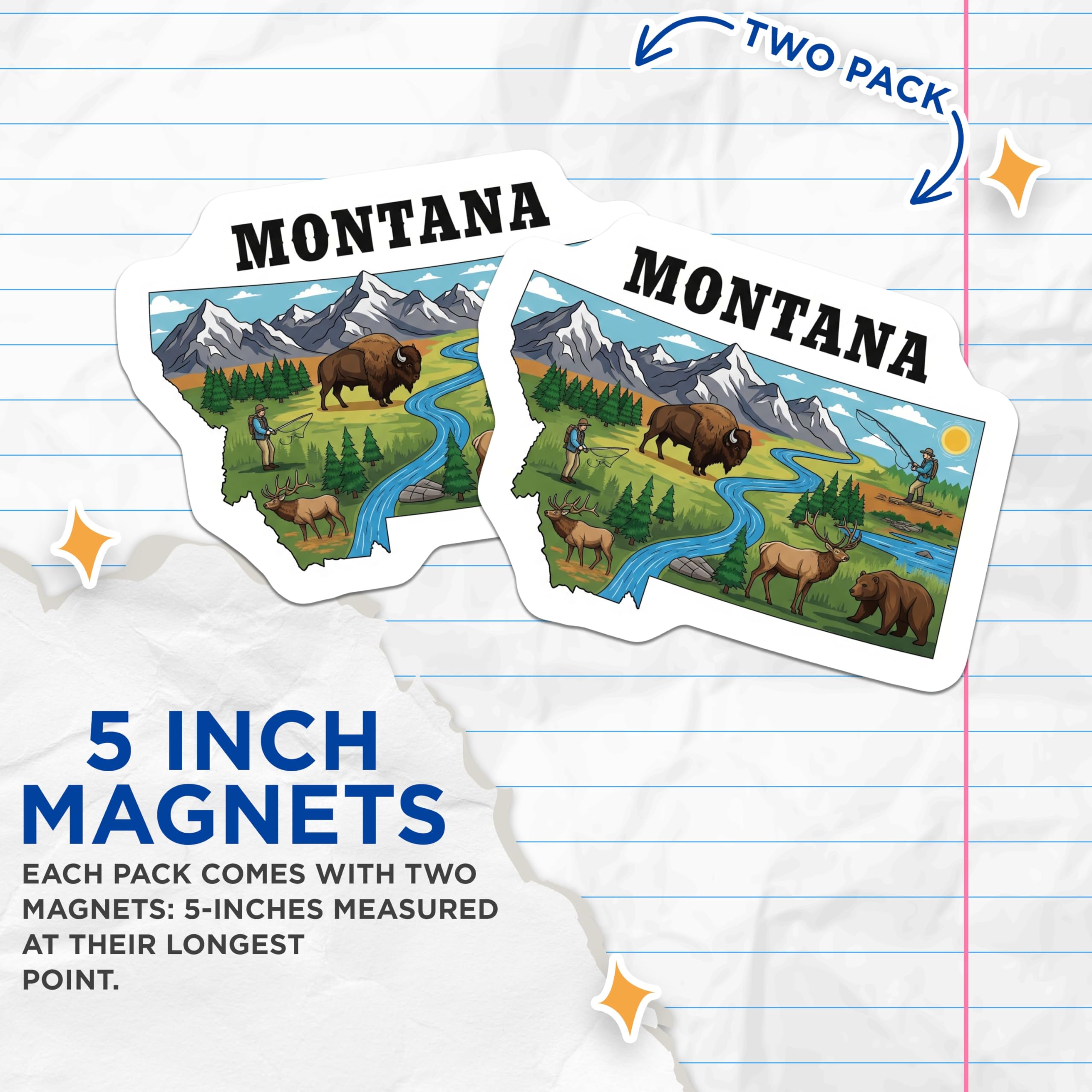 (2 Pack) Montana State Map Magnets - Wildlife Art - Souvenir Decoration - 5" On Longest Side - Premium Magnet - for Cars, Refrigerators, Toolboxes, Lockers - Made in USA - MAG14463
