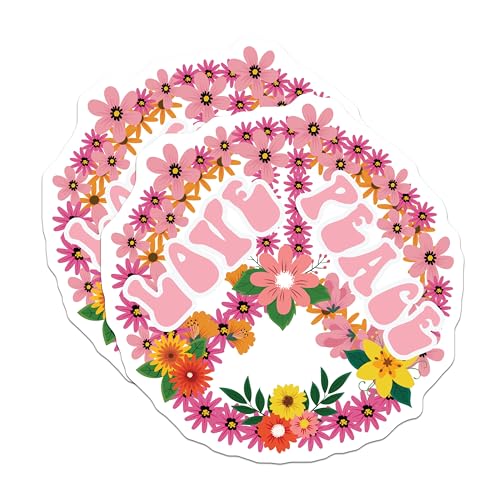 (2 Pack) Love Peace Stickers - Floral Peace Sign Stickers - Retro Flower Stickers - 5" On Longest Side - Sticks to Smooth Flat Surfaces - Made in USA - BMCS4707