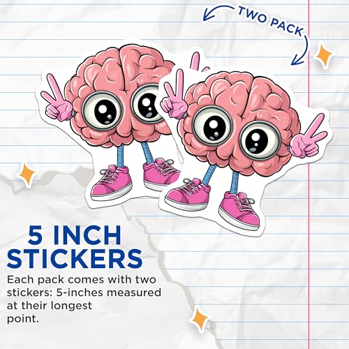 (2 Pack) Funny Brain Stickers - Cute Kawaii Brain Decal - Cartoon Brain Art Sticker - 5" On Longest Side - Sticks to Smooth Flat Surfaces - Made in USA - BMCS6886