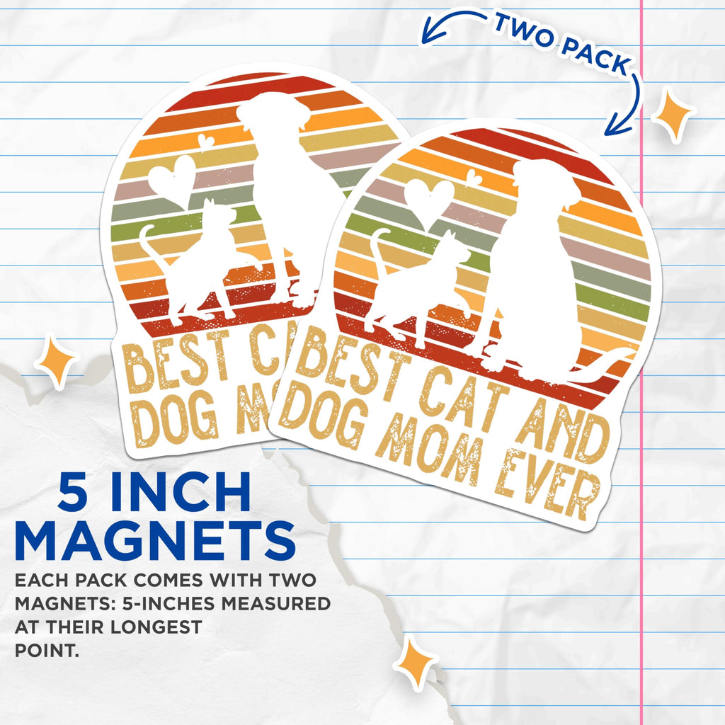 (2 Pack) Cat Dog Mom Magnets - Retro Sunset Pet Lover - Best Pet Parent Ever - 5 Inches On Longest Side - Thick Durable Magnet - Made in USA - MAG23499