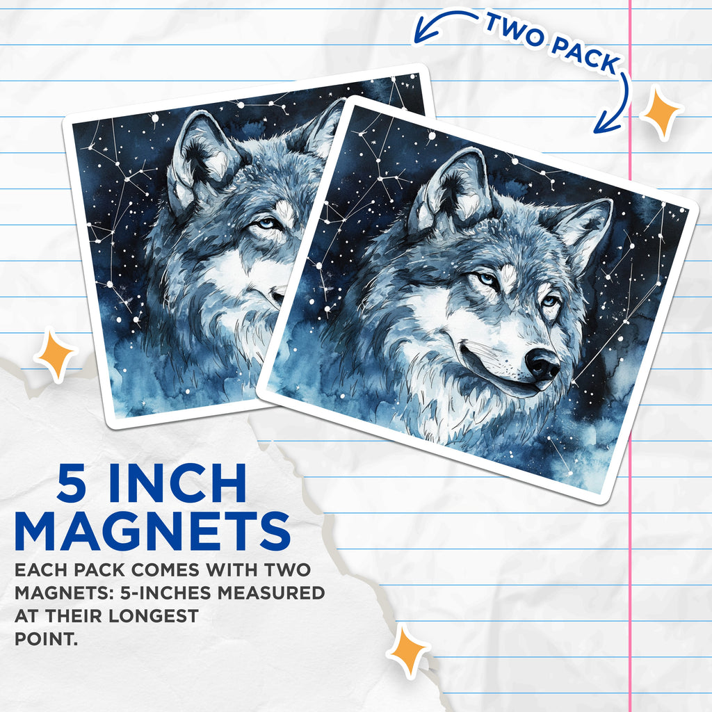 (2 Pack) Celestial Wolf Magnets - Watercolor Animal Fridge Decor - Starry Night Spirit Wildlife - 5 Inches On Longest Side - Thick Durable Magnet - Made in USA - MAG39726