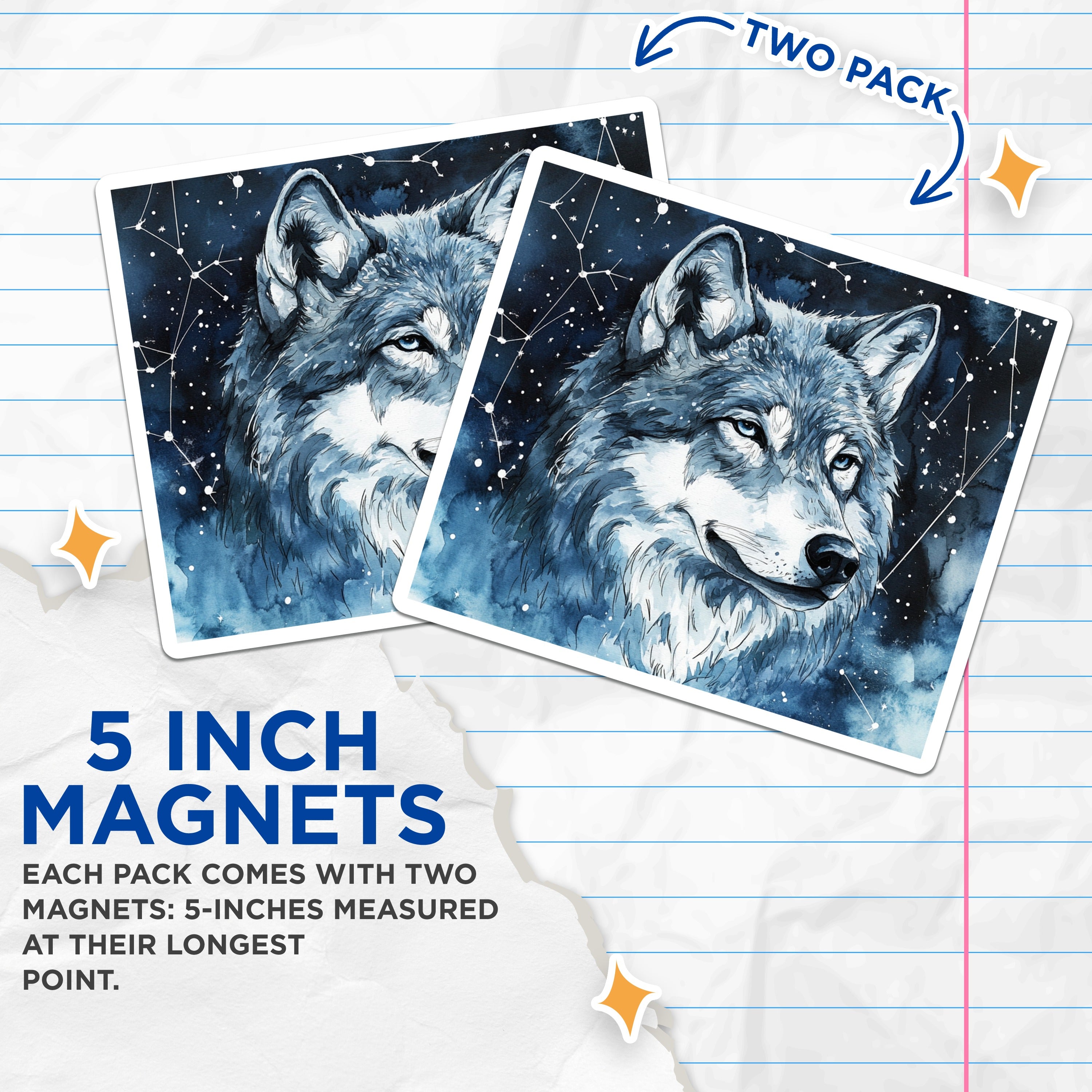 (2 Pack) Celestial Wolf Magnets - Watercolor Animal Fridge Decor - Starry Night Spirit Wildlife - 5 Inches On Longest Side - Thick Durable Magnet - Made in USA - MAG39726