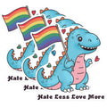 (3 Pack) LGBT Dinosaur Decals - Pride Rainbow Flag - Hate Less Love More Stickers - 3 Inches On Longest Side - Easy Peel & Apply - Made in USA - 3MCS0874