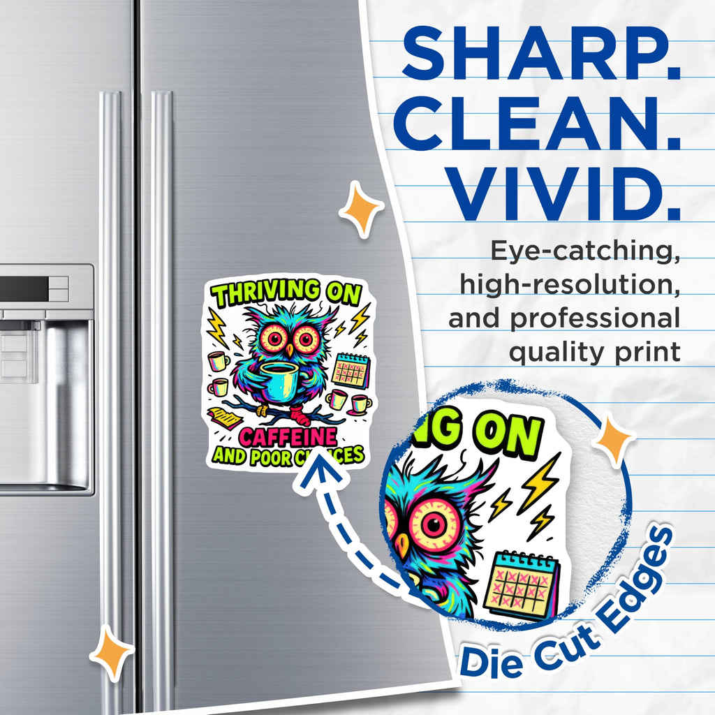 (2 Pack) Thriving On Caffeine Magnets - Tired Owl Poor Choices Decor - Coffee Lover Refrigerator Art - 5 Inches On Longest Side - Thick Durable Magnet - Made in USA - MAG20450