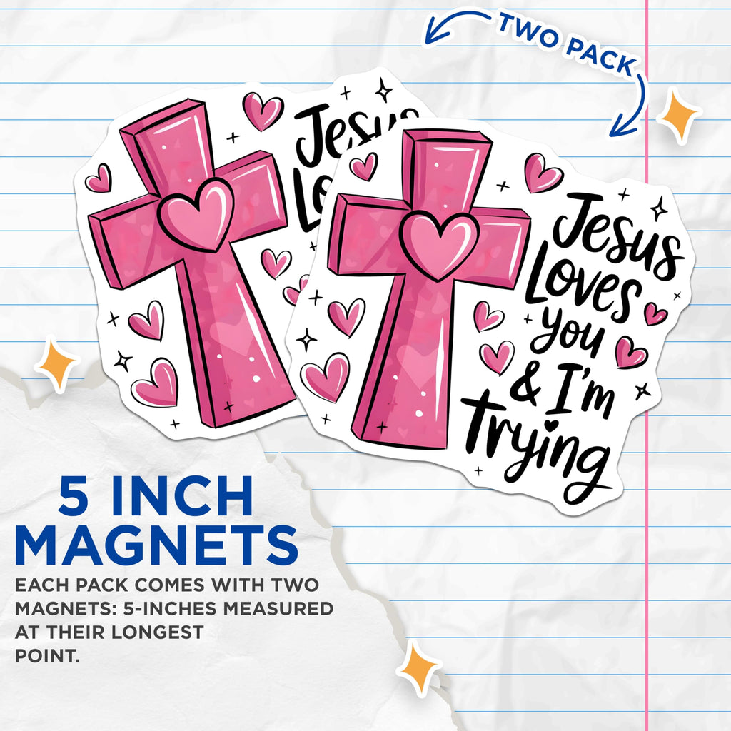 (2 Pack) Jesus Loves You Magnets - Pink Cross with Hearts - Religious Faith Decor - 5" On Longest Side - Premium Magnet - for Cars, Refrigerators, Toolboxes, Lockers - Made in USA - MAG17802