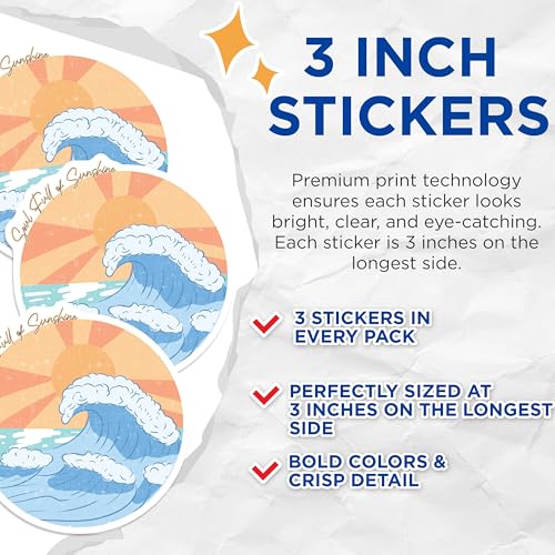 (3 Pack) Sunshine Waves Decals - Soulful Vibes - Laptop Decals- 3 Inches On Longest Side - Easy Peel & Apply - Made in USA - 3MCS5479
