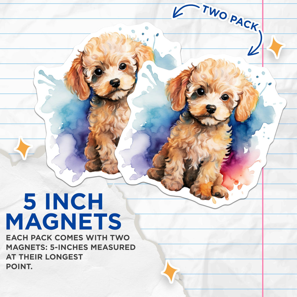 (2 Pack) Fluffy Puppy Magnets - Watercolor Poodle Dog Art - Pet Owner Fridge Locker Decoration - 5 Inches On Longest Side - Thick Durable Magnet - Made in USA - MAG28465