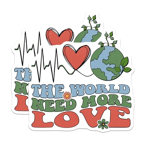 (2 Pack) The World Need More Love Stickers - Heartbeat Earth Decal - Environmental Message Art - 5" On Longest Side - Sticks to Smooth Flat Surfaces - Made in USA - BMCS8956
