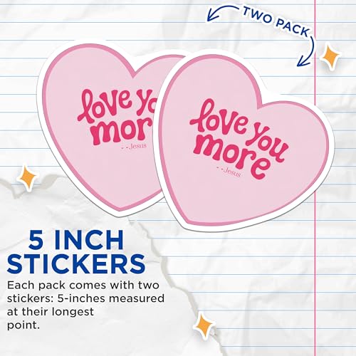 (2 Pack) Love You More Stickers - Jesus Quote Sticker - 5" On Longest Side - Sticks to Smooth Flat Surfaces - Made in USA - BMCS8954 - BMCS8954