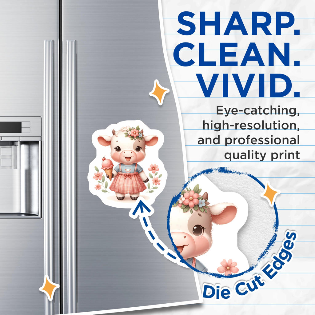 (2 Pack) Cute Baby Cow Magnets - Ice Cream Delights - Floral Farm Animal Decor - 5 Inches On Longest Side - Thick Durable Magnet - Made in USA - MAG20719