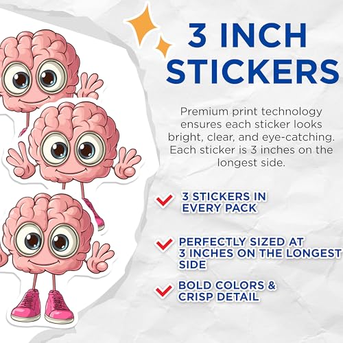 (3 Pack) Cartoon Brain Decals - Funny Brain Anatomy - Laptop Decals- 3 Inches On Longest Side - Easy Peel & Apply - Made in USA - 3MCS5767
