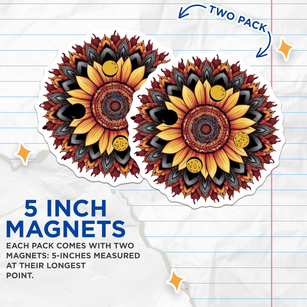(2 Pack) Sunflower Mandala Magnets - Bohemian Decor - Floral Refrigerator Magnets - 5" On Longest Side - Premium Magnet - for Cars, Refrigerators, Toolboxes, Lockers - Made in USA - MAG15208