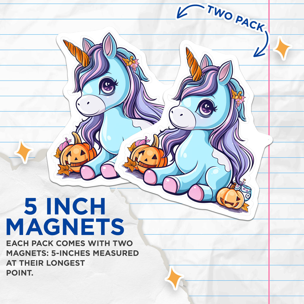 (2 Pack) Cute Unicorn Halloween Magnets - Spooky Autumn Pumpkin Decor - Magical Fantasy Fridge Locker Accessory - 5 Inches On Longest Side - Thick Durable Magnet - Made in USA - MAG37611