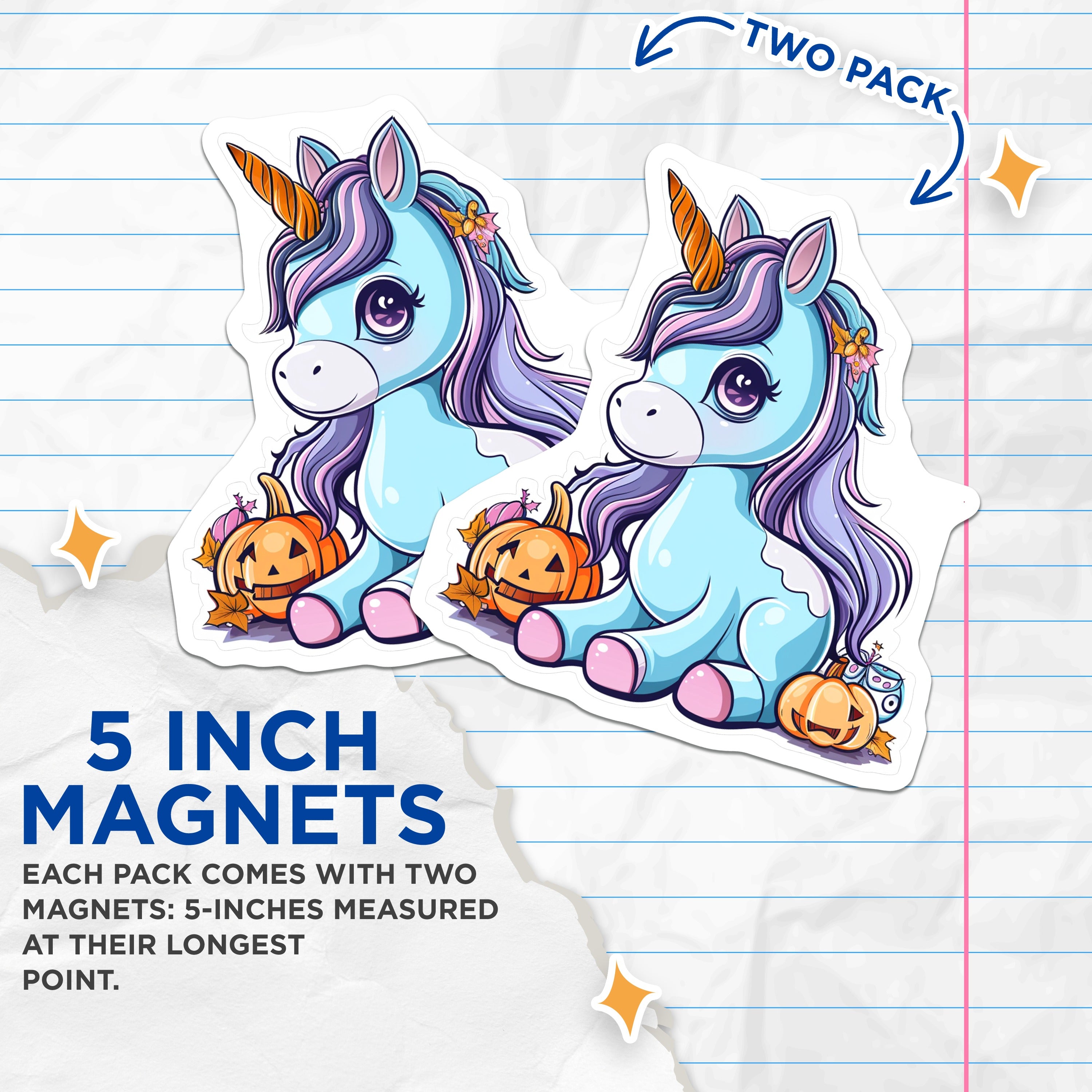 (2 Pack) Cute Unicorn Halloween Magnets - Spooky Autumn Pumpkin Decor - Magical Fantasy Fridge Locker Accessory - 5 Inches On Longest Side - Thick Durable Magnet - Made in USA - MAG37611