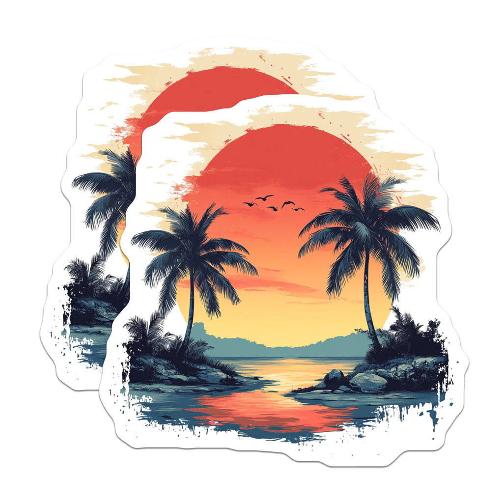 (2 Pack) Tropical Sunset Magnets - Palm Trees Beach Scenery - Ocean Horizon Paradise Island View Travel Artwork - 5 Inches On Longest Side - Thick Durable Magnet - Made in USA - MAG24029