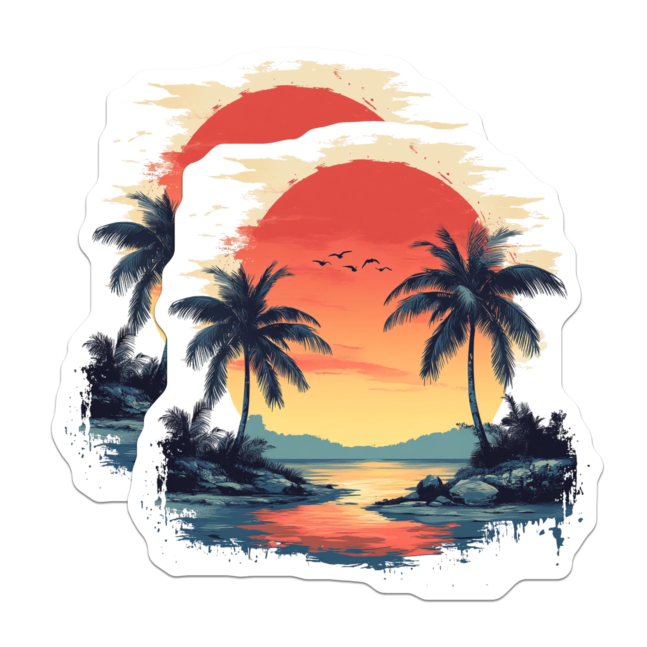(2 Pack) Tropical Sunset Magnets - Palm Trees Beach Scenery - Ocean Horizon Paradise Island View Travel Artwork - 5 Inches On Longest Side - Thick Durable Magnet - Made in USA - MAG24029