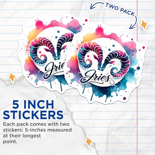 (2 Pack) Zodiac Aries Stickers - Horoscope Art - Astrology Watercolor Stickers - 5" On Longest Side - Sticks to Smooth Flat Surfaces - Made in USA - BMCS7127