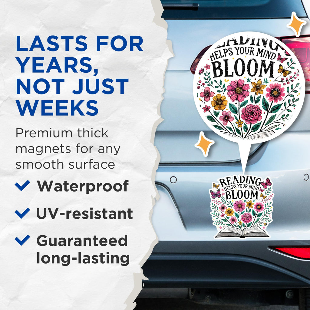 (2 Pack) Reading Helps Your Mind Bloom Magnets - Inspirational Quote Magnets - Flower and Book Design- 5" On Longest Side - for Fridges, Toolboxes, Cars - Made in USA - MAG2761