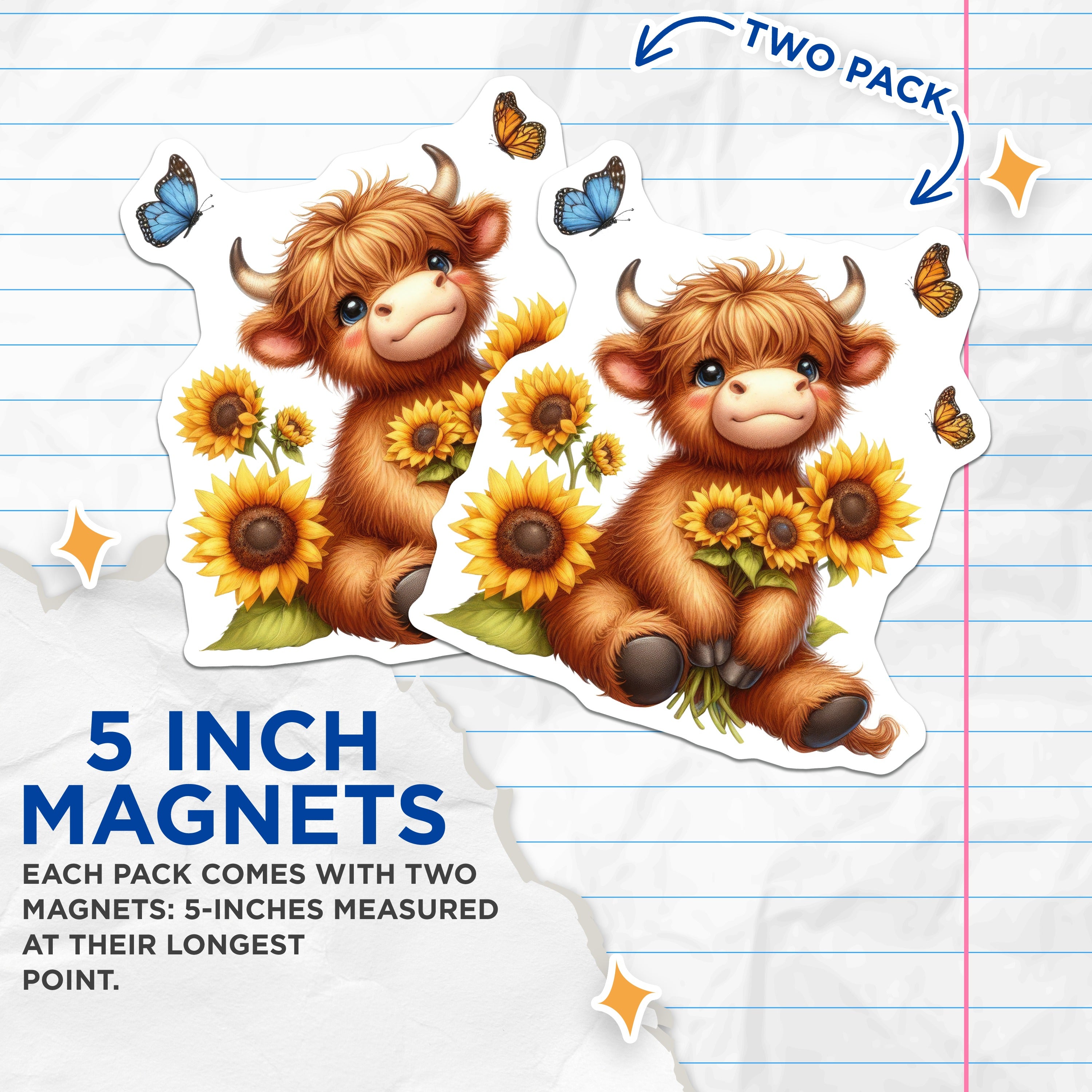 (2 Pack) Adorable Highland Cow Magnets - Sunflower Butterfly Art - Rustic Farmhouse Kitchen Decor - 5 Inches On Longest Side - Thick Durable Magnet - Made in USA - MAG36707