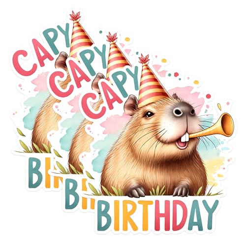 (3 Pack) Capybara Birthday Decals - Party Animal Stickers - Funny Laptop Decals - 3 Inches On Longest Side - Easy Peel & Apply - Made in USA - 3MCS1500