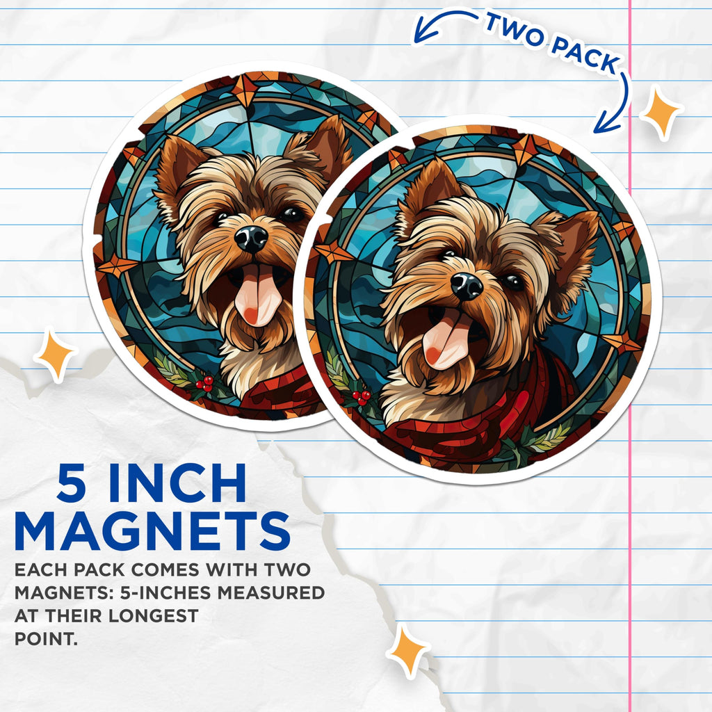 (2 Pack) Yorkie Stained Glass Magnets - Dog Lover Refrigerator Decor - Pet Art Holiday Home Accents - 5 Inches On Longest Side - Thick Durable Magnet - Made in USA - MAG27394