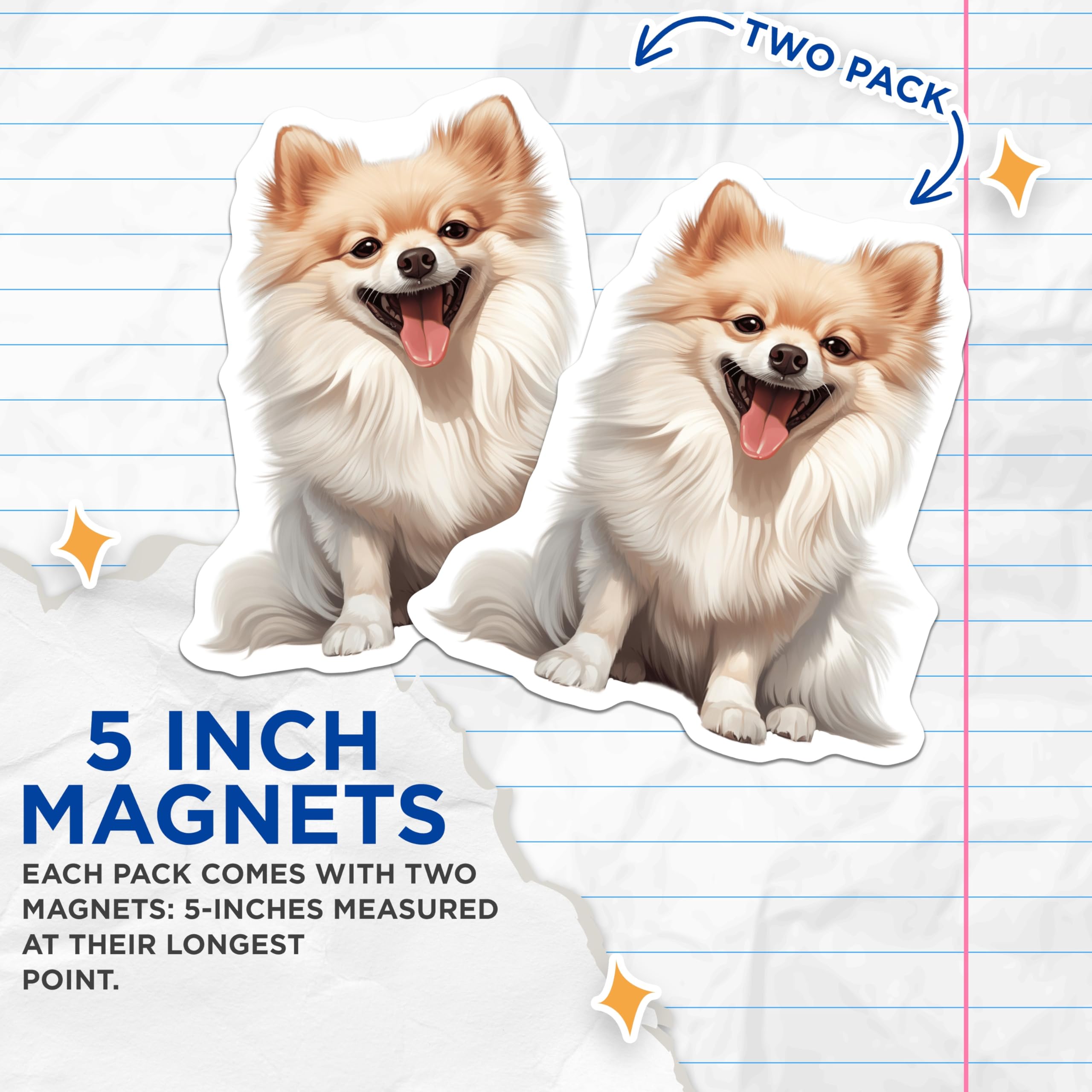 (2 Pack) Smiling Pomeranian Dog Magnets - Cute Puppy Refrigerator Decor - Pet Owner Animal Lover Locker Magnet - 5 Inches On Longest Side - Thick Durable Magnet - Made in USA - MAG28993