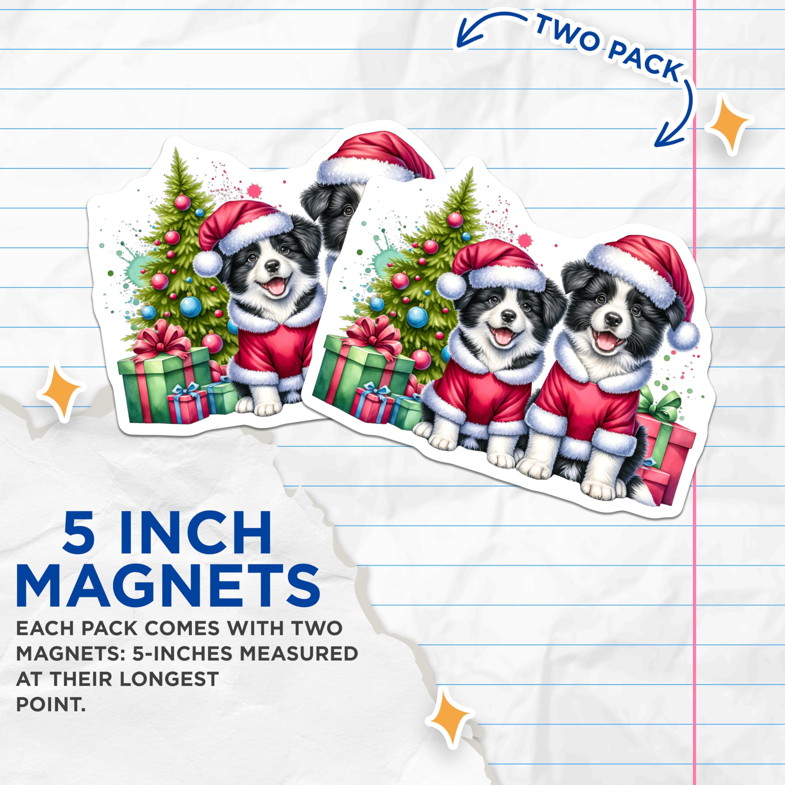 (2 Pack) Border Collie Christmas Puppies Magnets - Holiday Dog Decor - Puppy Refrigerator Accent - 5 Inches On Longest Side - Thick Durable Magnet - Made in USA - MAG27127