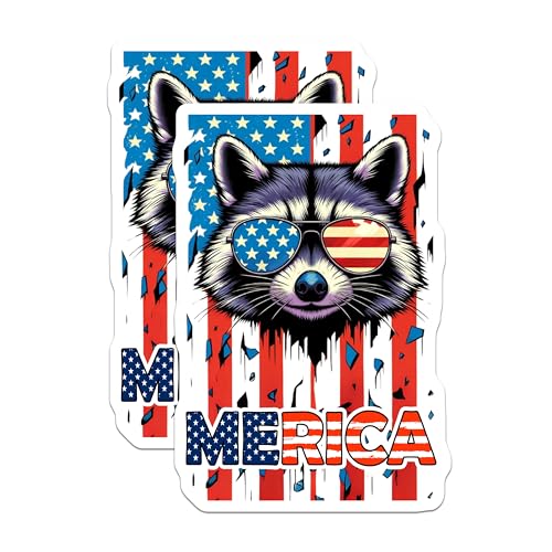 (2 Pack) Raccoon Sunglasses Stickers - American Flag - Patriotic Animal - Red White Blue Sticker - 5" On Longest Side - Sticks to Smooth Flat Surfaces - Made in USA - BMCS5907