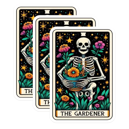 (3 Pack) Gardener Skeleton Decals - Floral Death Tarot - Macabre Laptop Decor - 3 Inches On Longest Side - Easy Peel & Apply - Made in USA - 3MCS4181