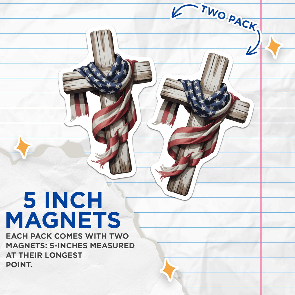 (2 Pack) American Flag Wooden Cross Magnets - Patriotic Christian Refrigerator Decor - Faith Based US Military Remembrance - 5 Inches On Longest Side - Thick Durable Magnet - Made in USA - MAG21534