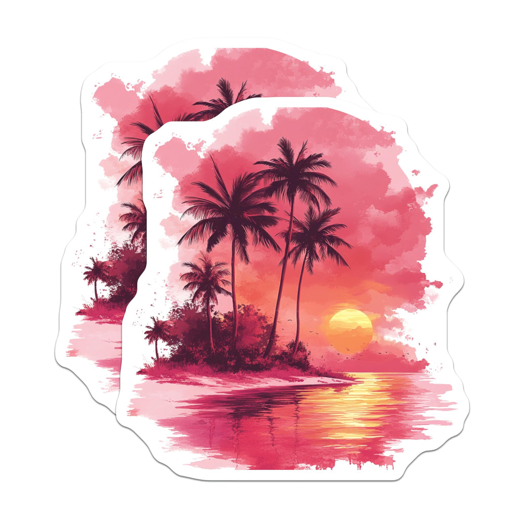 (2 Pack) Tropical Sunset Magnets - Palm Tree Beach Scene - Vibrant Pink Aesthetic Refrigerator Decor - 5 Inches On Longest Side - Thick Durable Magnet - Made in USA - MAG28188