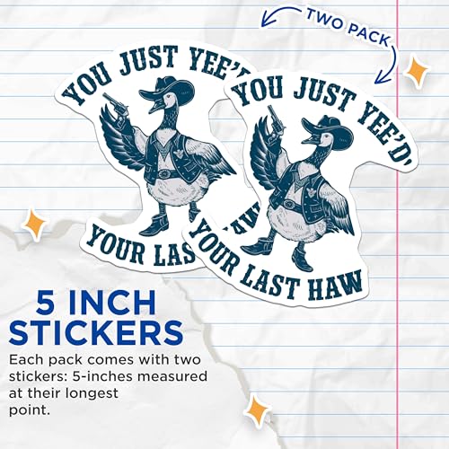 (2 Pack) Funny Duck Stickers - Cowboy Duck Meme - Quirky Animal Jokes - 5" On Longest Side - Sticks to Smooth Flat Surfaces - Made in USA - BMCS5919