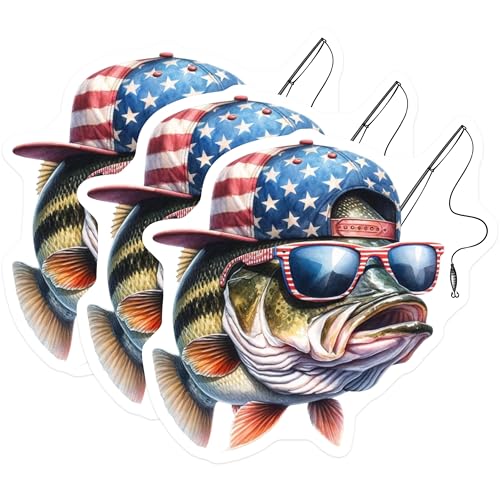 (3 Pack) Patriotic Bass Decals - Cool Fish Stickers - Fishing Decals - 3 Inches On Longest Side - Easy Peel & Apply - Made in USA - 3MCS7354