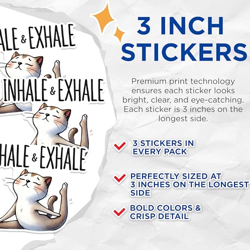 (3 Pack) Yoga Cat Decals - Inhale Exhale Stickers - Funny Laptop Decals - 3 Inches On Longest Side - Easy Peel & Apply - Made in USA - 3MCS1284