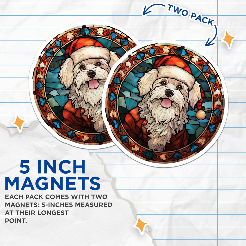 (2 Pack) Christmas Dog Magnets - Stained Glass Pet Art - Maltese Santa Decor for Dog Lovers - 5 Inches On Longest Side - Thick Durable Magnet - Made in USA - MAG30107