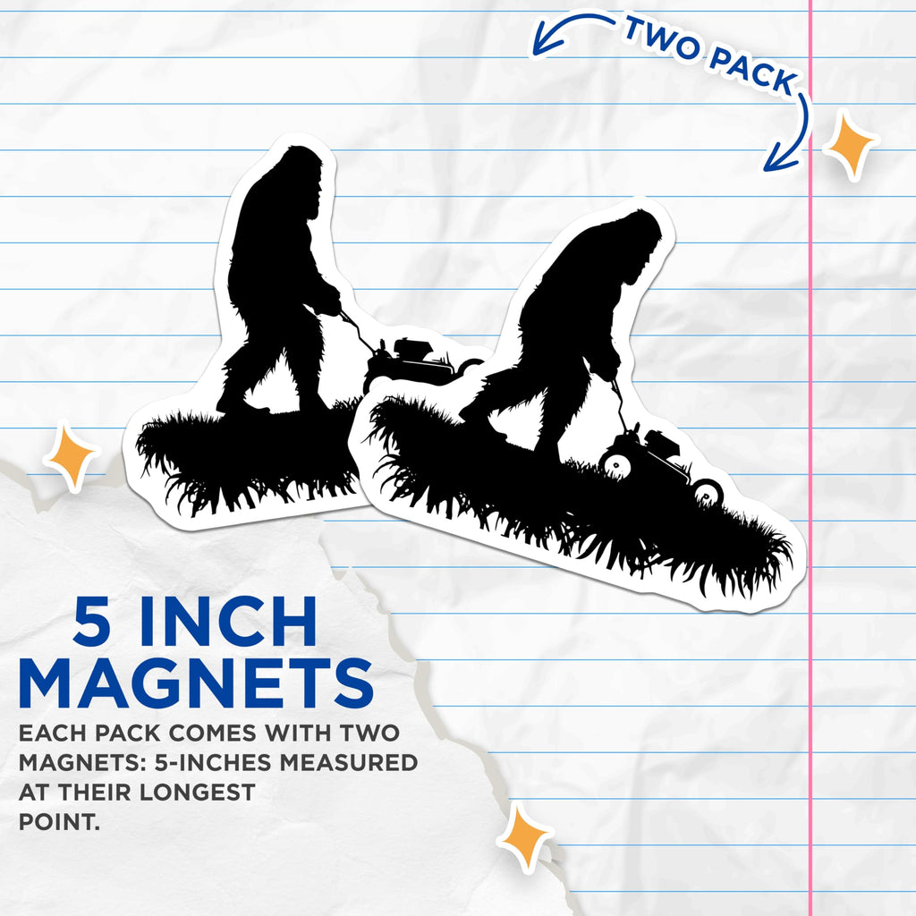 (2 Pack) Bigfoot Mowing Magnets - Funny Sasquatch Yard Work Decor - Mythical Creature Lawn Care Accessory - 5 Inches On Longest Side - Thick Durable Magnet - Made in USA - MAG21944